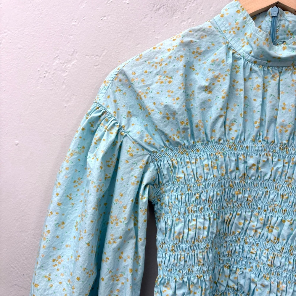 Ganni Smocked Floral Top Shirt Size 38 (US 6) Light Blue Long Sleeve Cotton Flaw - Picture 4 of 14